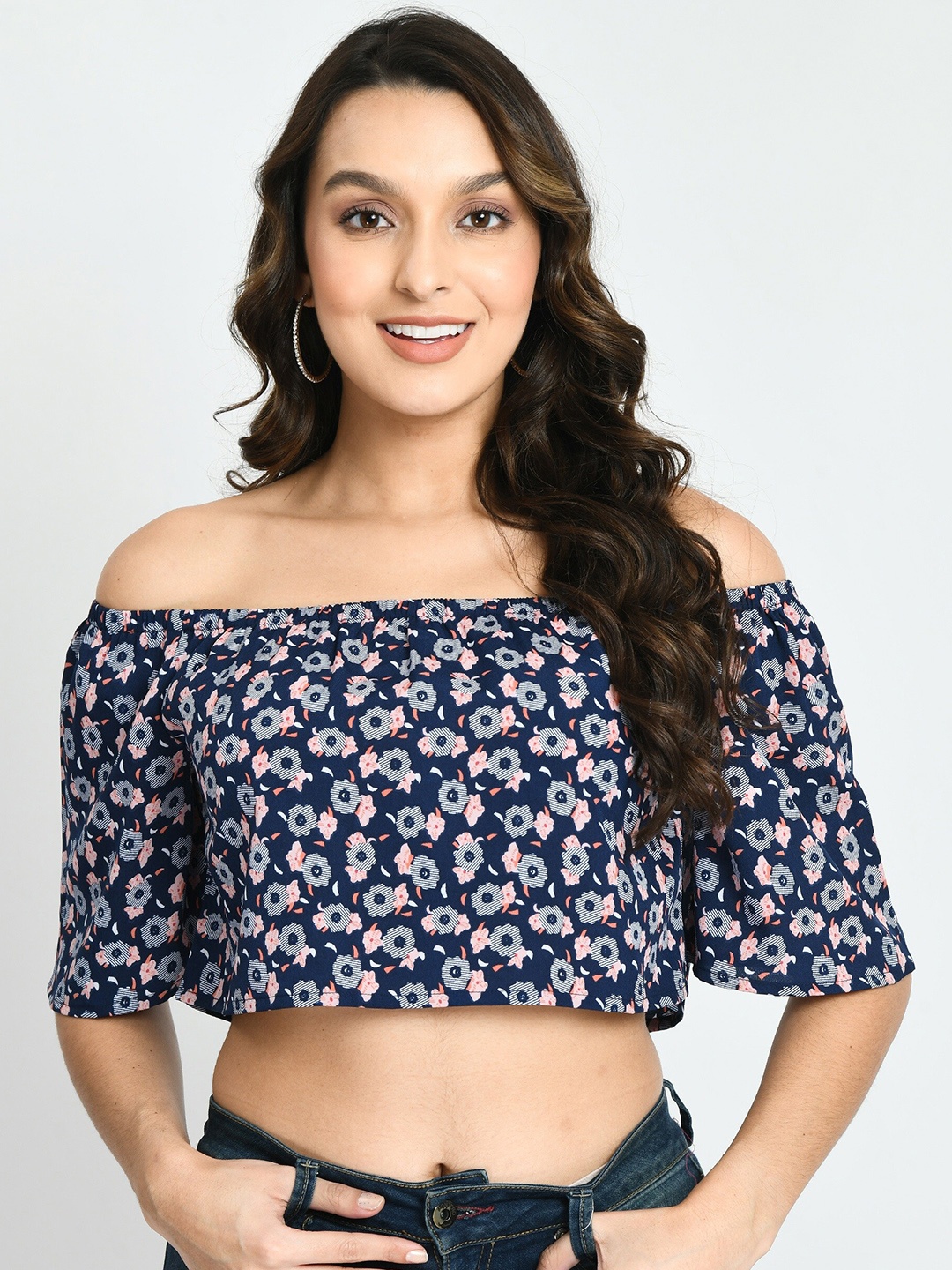 

DressBerry Floral Printed Off Shoulder Crop Top, Blue