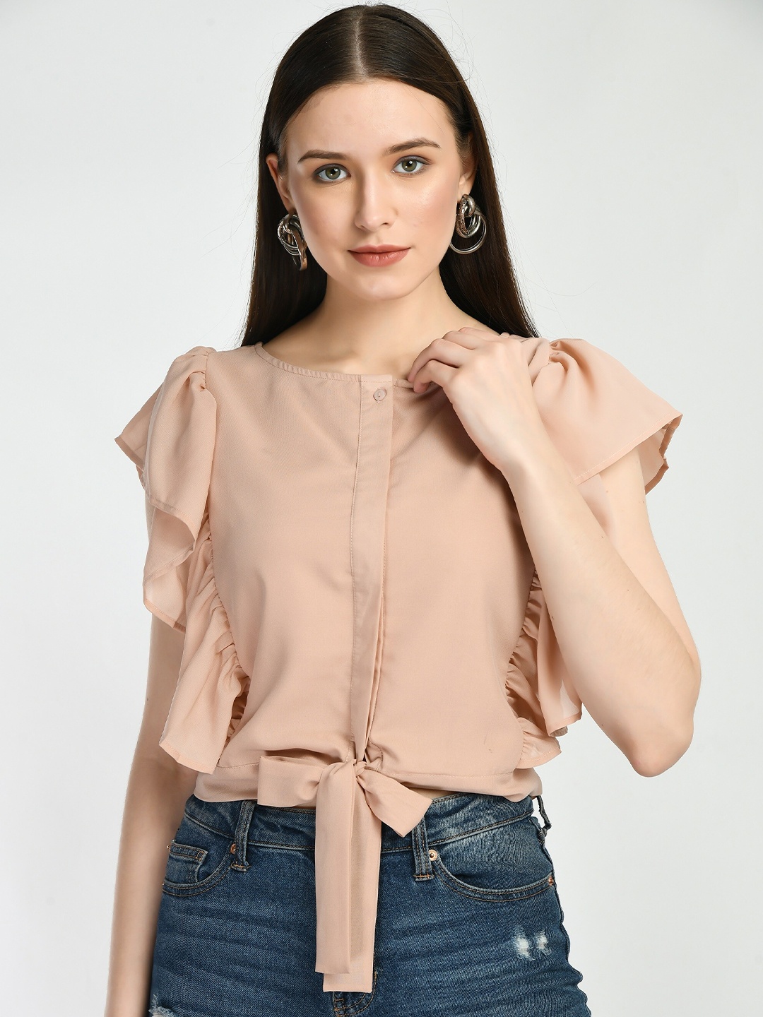 

DressBerry Flutter Sleeve Waist Tie Ups Cotton Shirt Style Top, Peach
