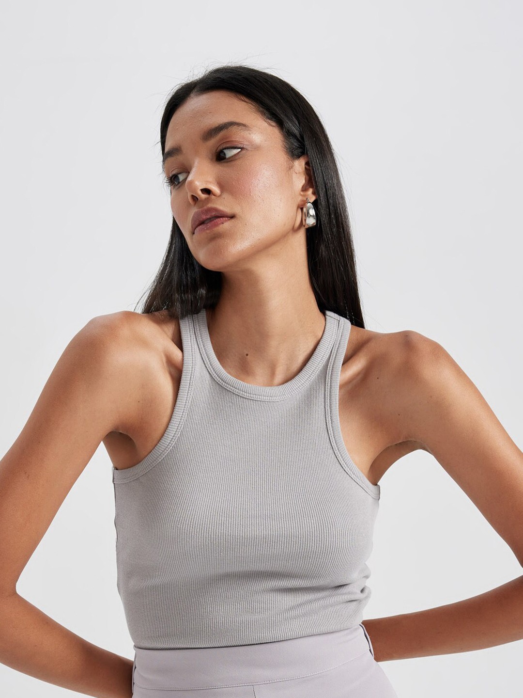 

DeFacto Ribbed Cotton Fitted Top, Grey
