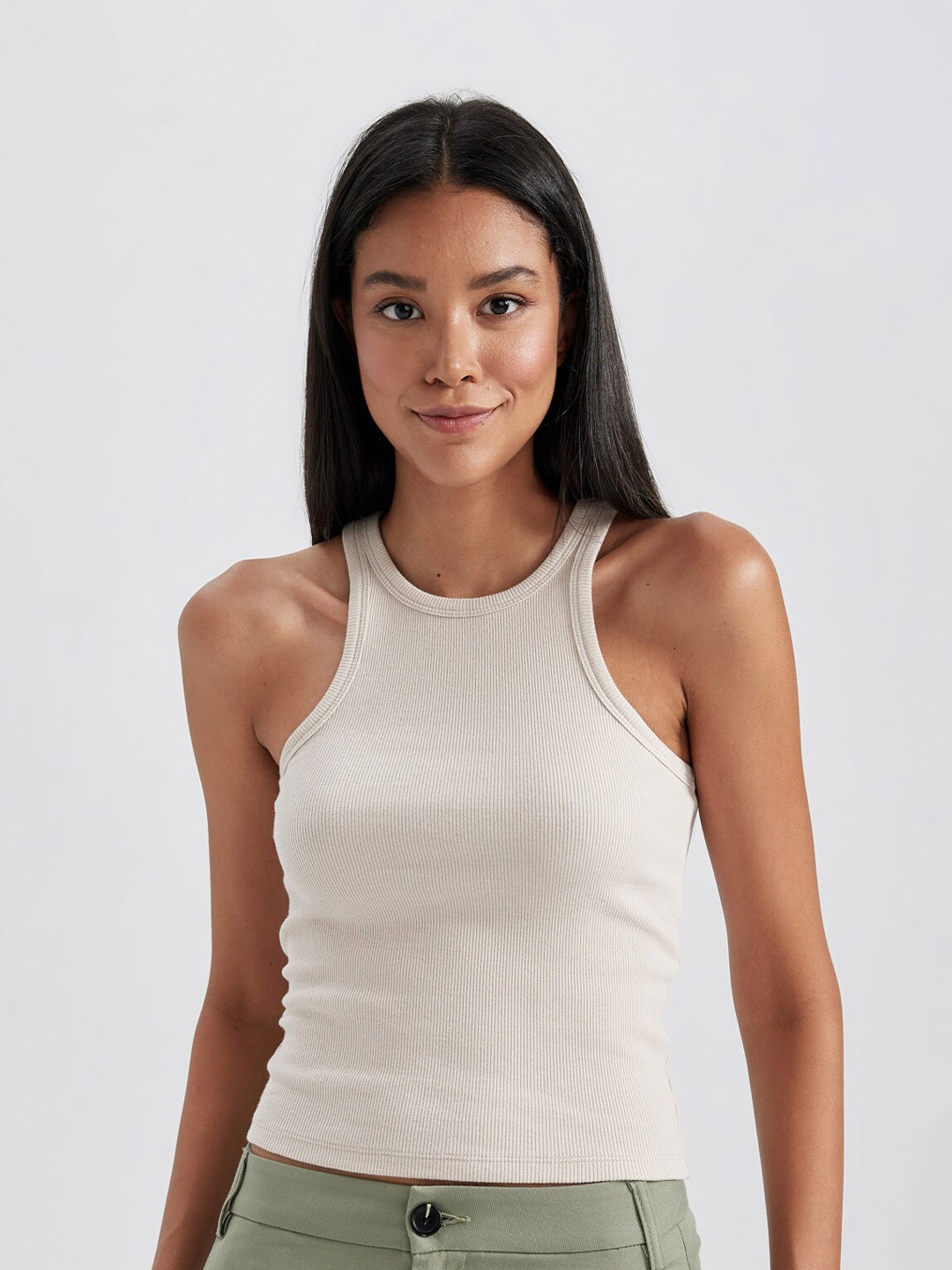 

DeFacto Ribbed Cotton Fitted Top, Grey