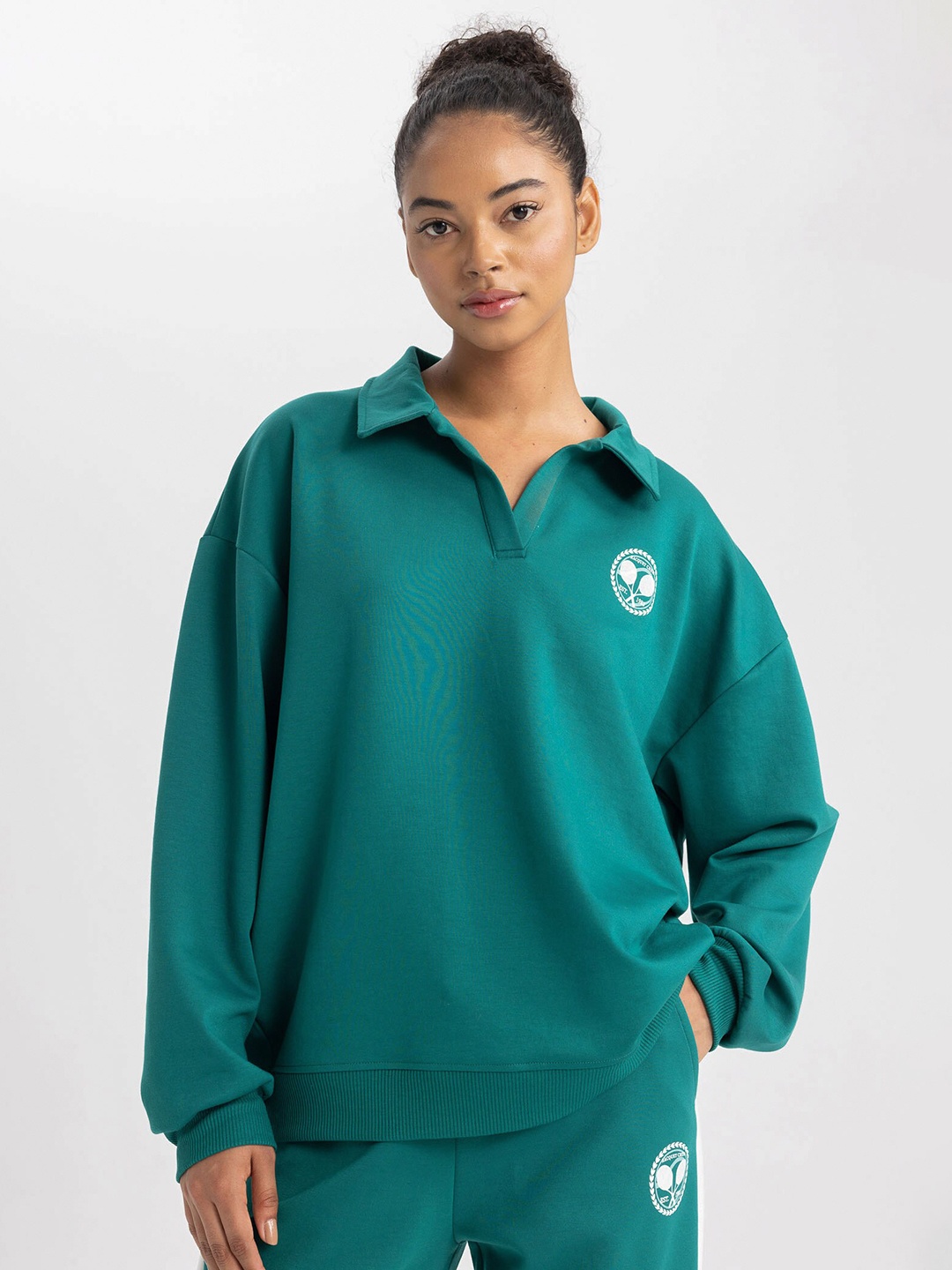 

DeFacto Shirt Collar Pullover Sweatshirt, Green