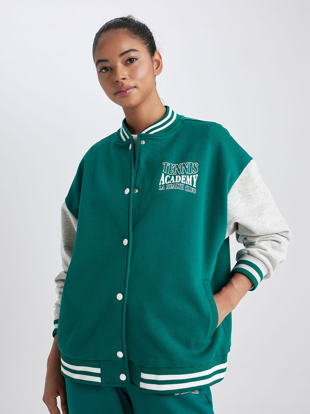 

DeFacto Women Green White Typography Varsity Jacket