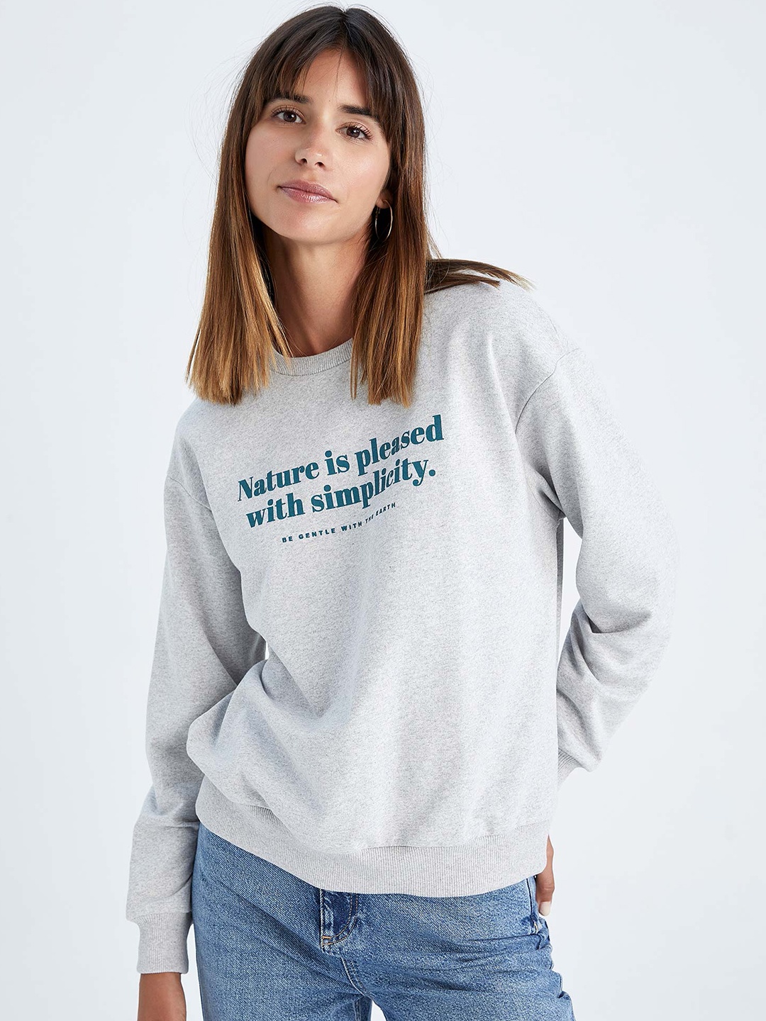 

DeFacto Women Printed Pullover Sweatshirt, Grey