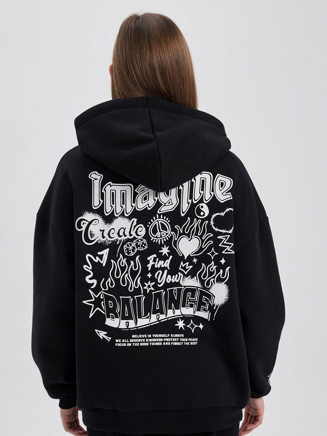 

DeFacto Typography Printed Hooded Pullover Sweatshirt, Black