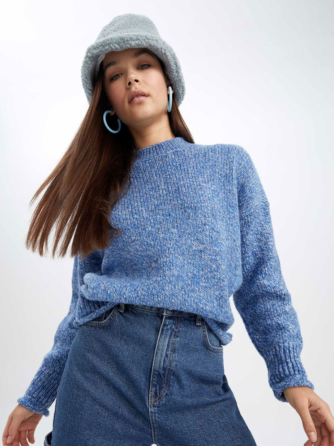 

DeFacto Ribbed High Neck Cable Knit Pullover Sweaters, Blue