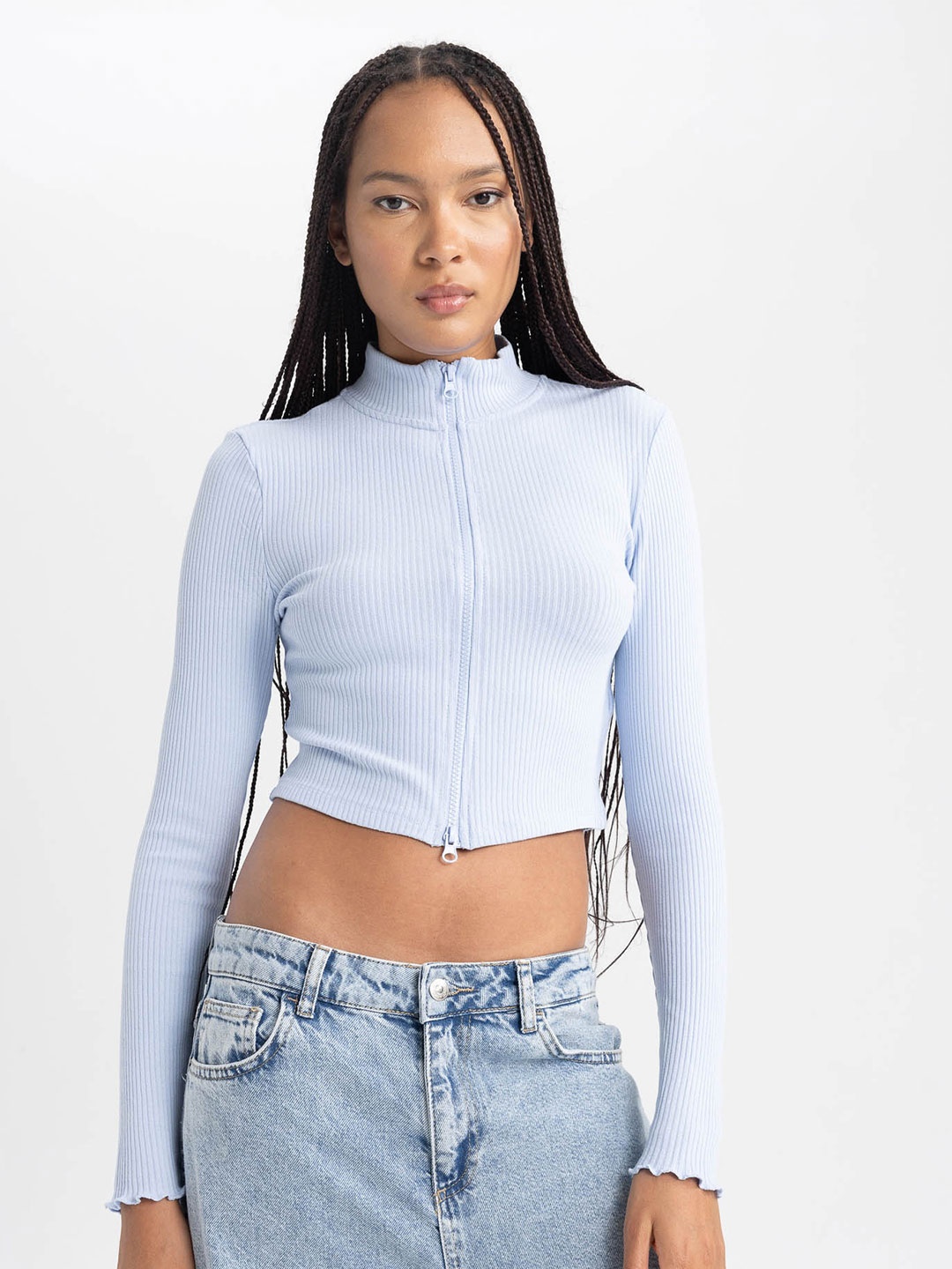 

DeFacto Striped Ribbed Crop Pullover, Blue