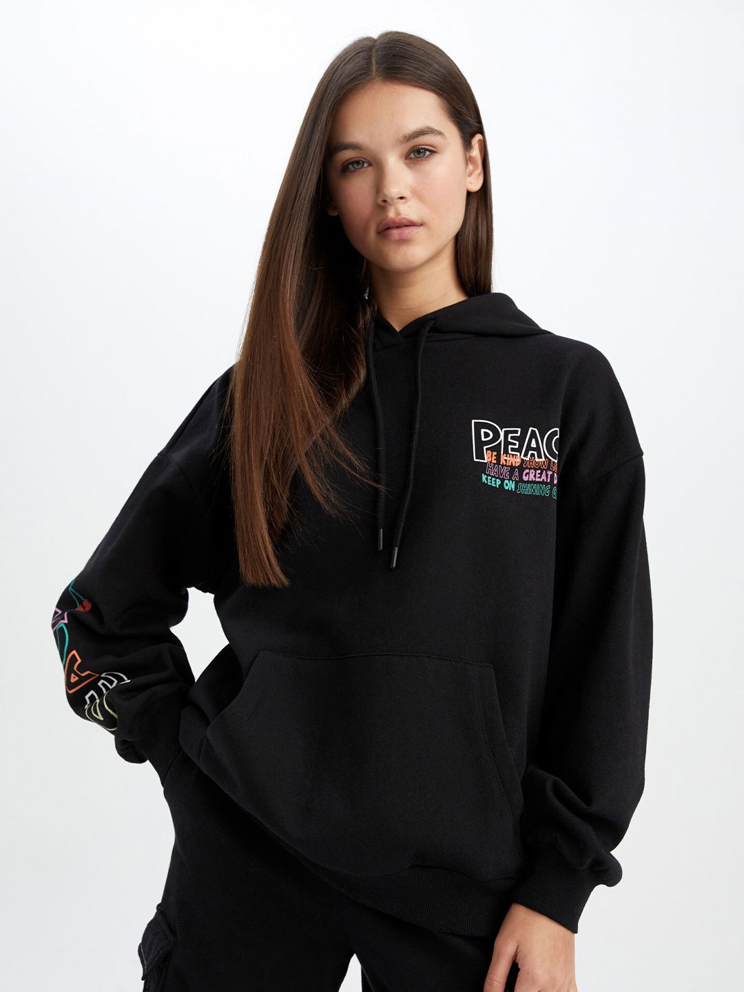 

DeFacto Typography Printed Hooded Pullover Sweatshirt, Black