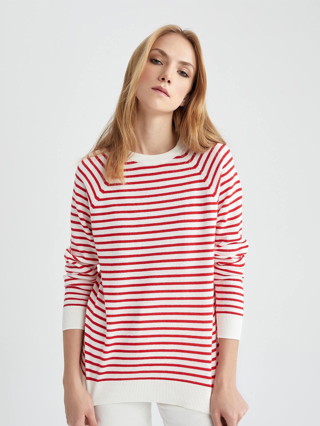 

DeFacto Striped Round Neck Acrylic Pullover Sweater, White