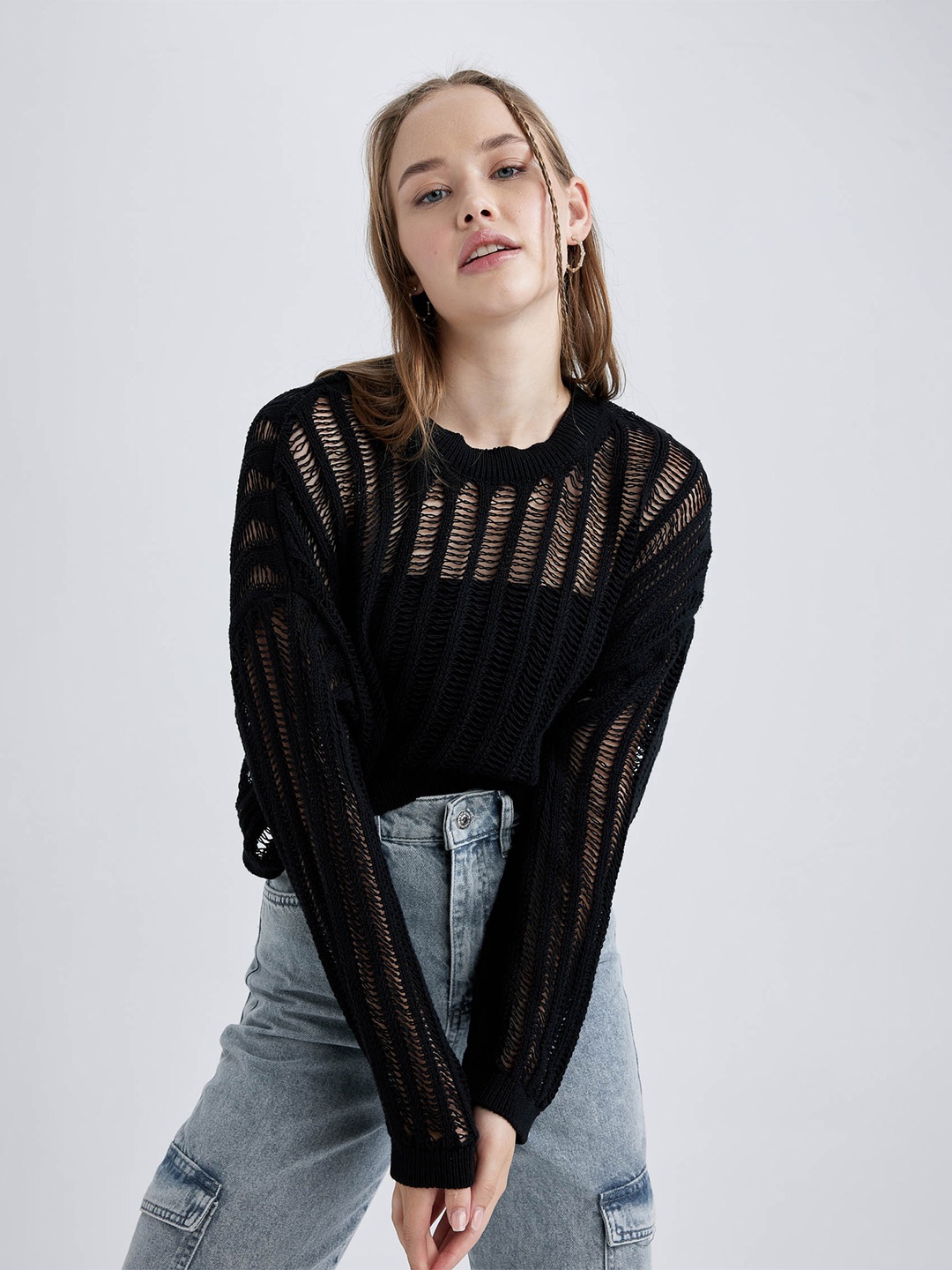 

DeFacto Open Knit Semi Sheer Crop Pullover Sweater, Black