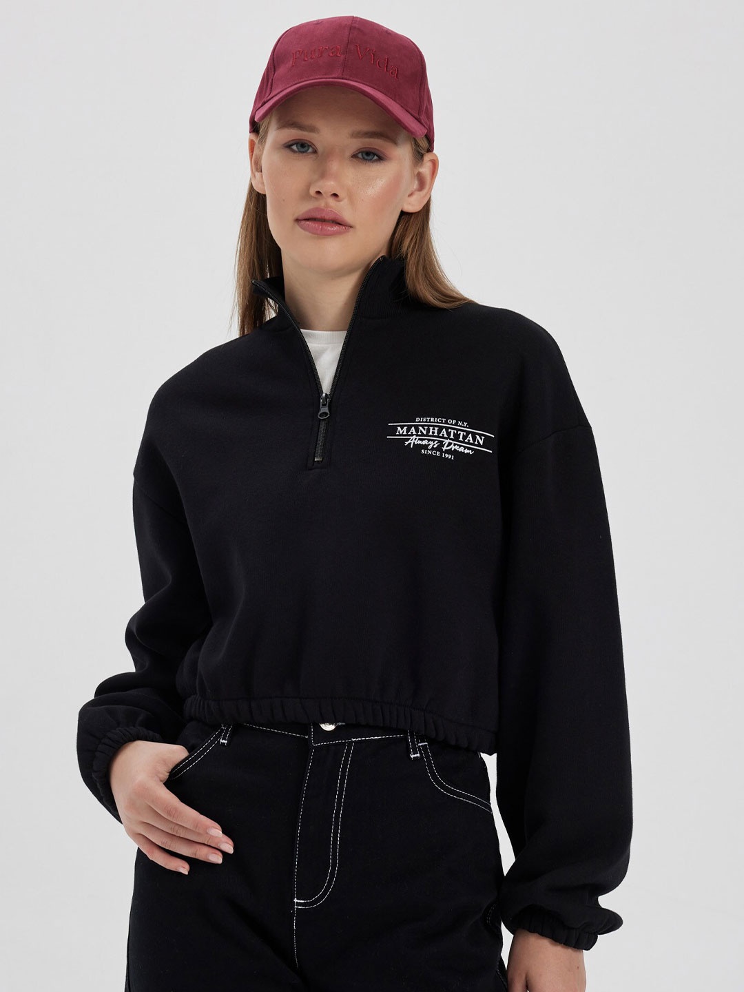 

DeFacto Mock Collar Pullover Sweatshirt, Black