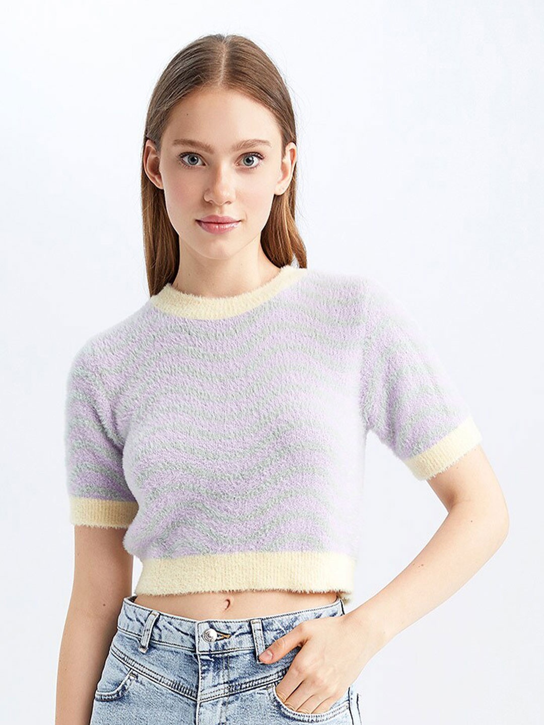 

DeFacto Striped Fuzzy Detail Crop Pullover Sweater, Lavender