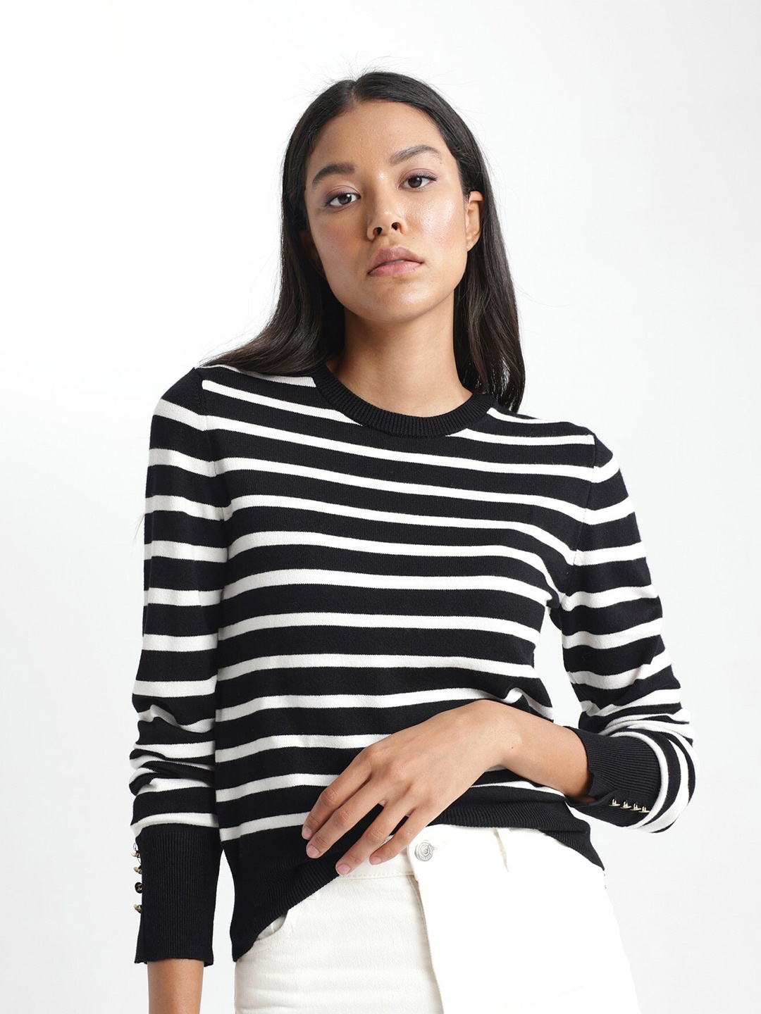 

DeFacto Striped Round Neck Pullover, Black