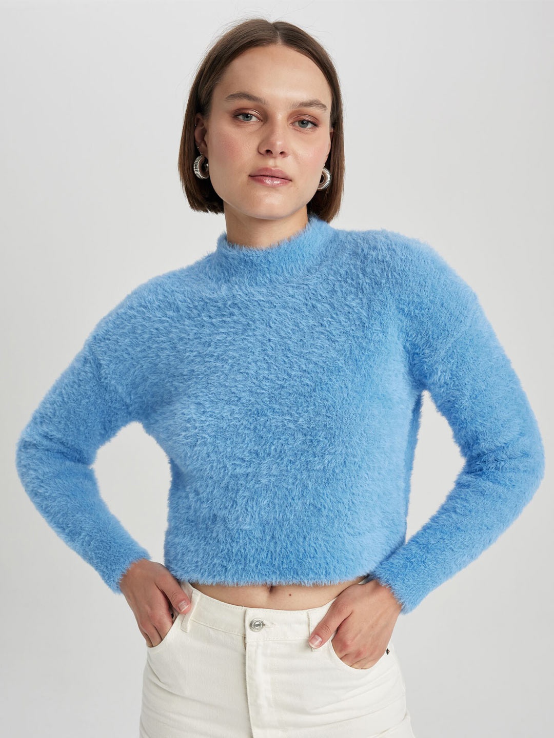 

DeFacto Fuzzy Detail High Neck Crop Pullover Sweater, Blue