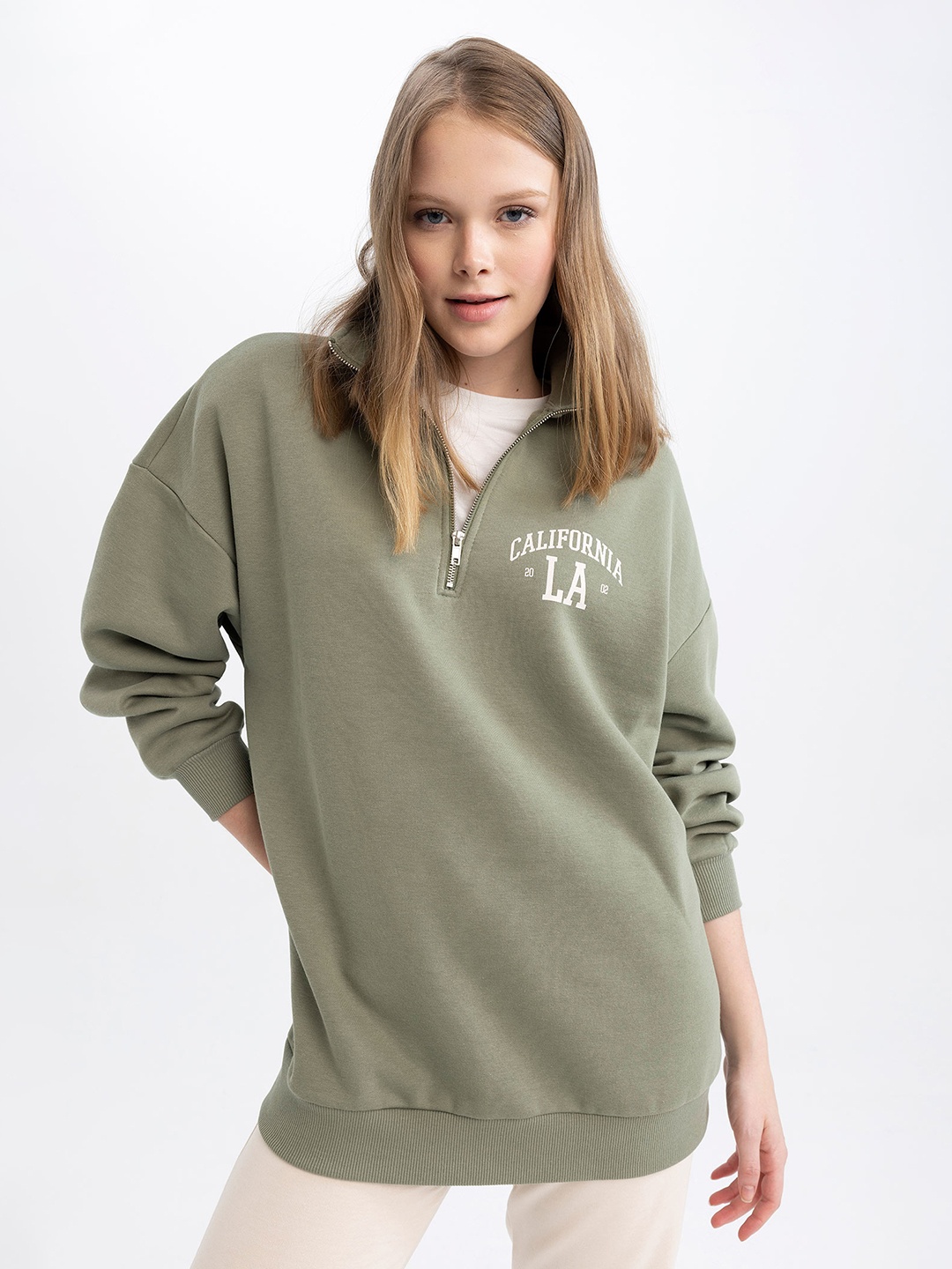 

DeFacto Half Zipper Cotton Pullover, Green