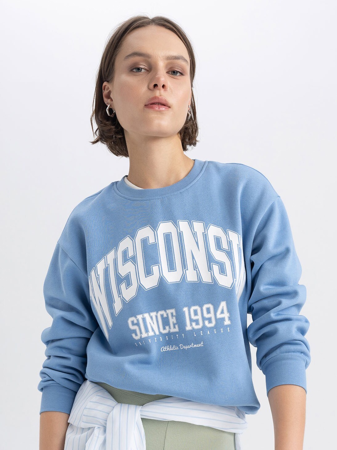 

DeFacto Typography Printed Pullover Sweatshirt, Blue