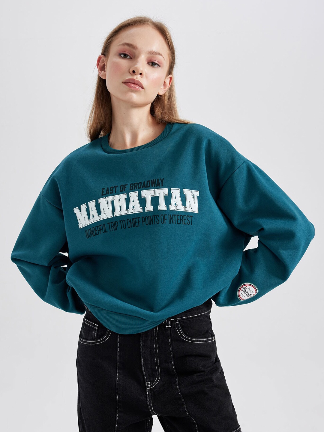 

DeFacto Typography Printed Sweatshirt, Teal
