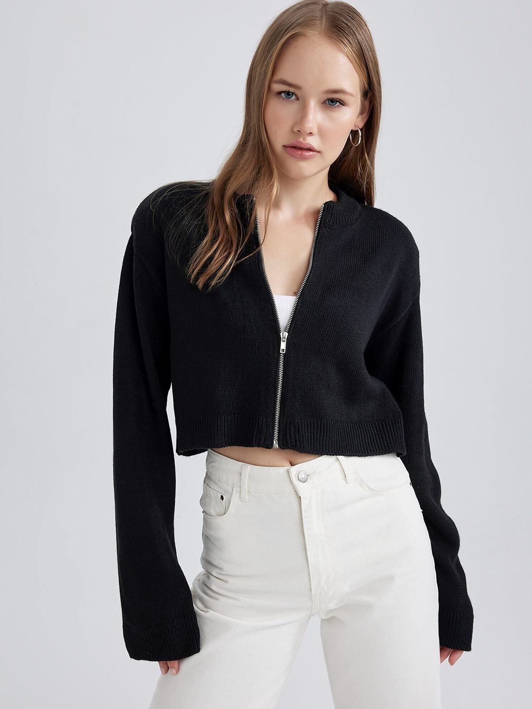 

DeFacto Self Design Crop Acrylic Cardigan Sweater, Black