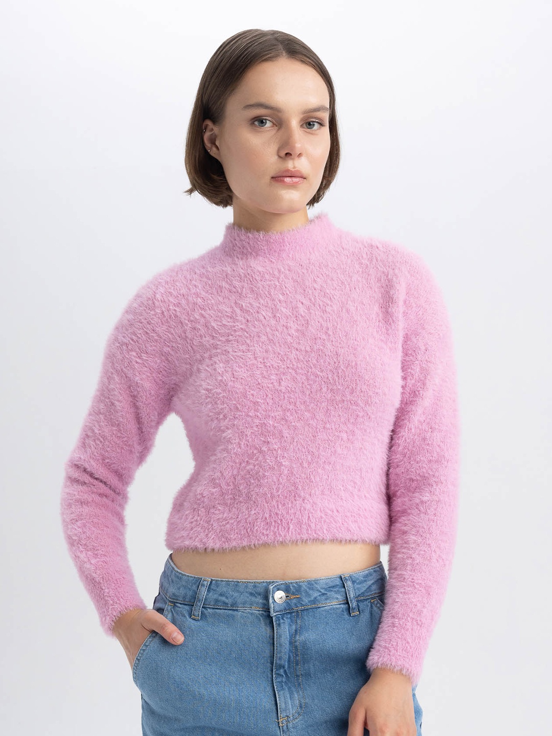 

DeFacto High Neck Fuzzy Detail Crop Pullover, Na