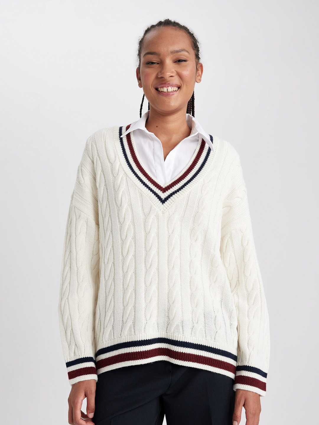 

DeFacto Self Design Cable Knit Pullover, White