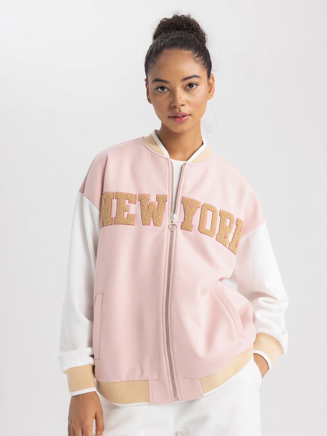 

DeFacto Typography Printed Varsity Jacket, Pink