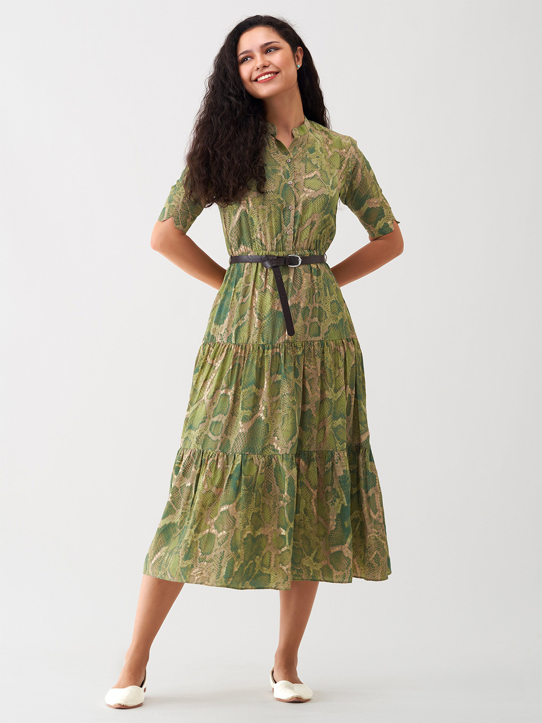 

AASK Animal Printed Shirt Collar Gathered Tiered Fit & Flare Midi Dress With Belt, Green
