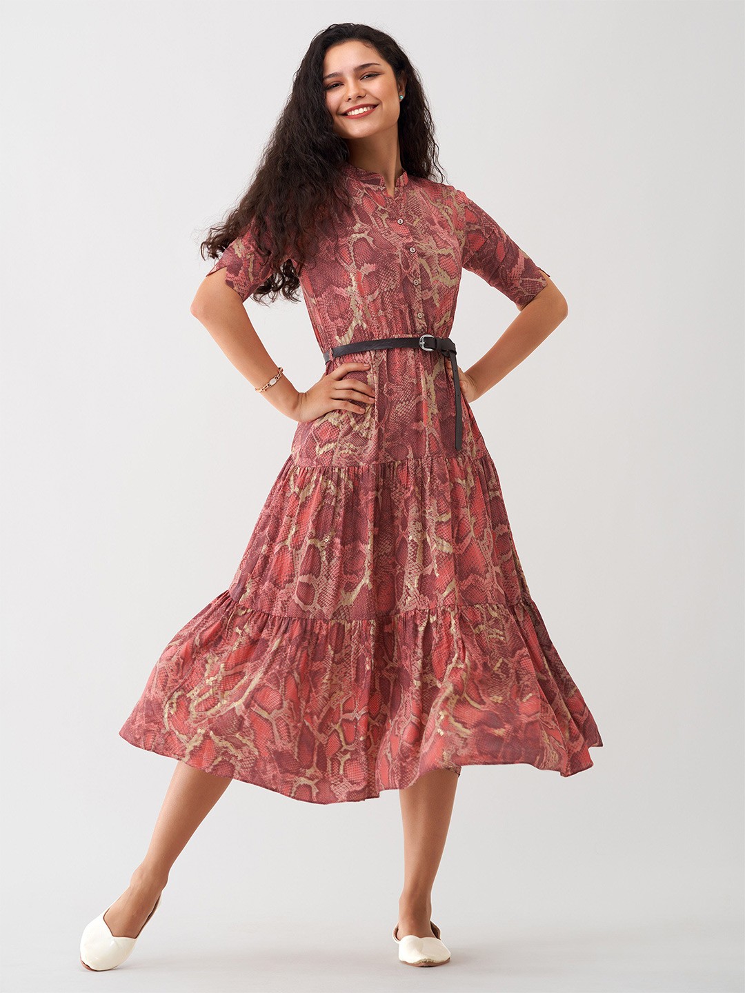 

AASK Animal Printed Mandarin Collar Crepe Tiered Fit & Flare Midi Dress, Peach