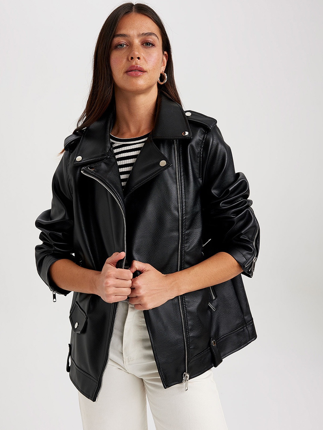 

DeFacto Lapel Collar Zip Detail Biker Jacket, Black