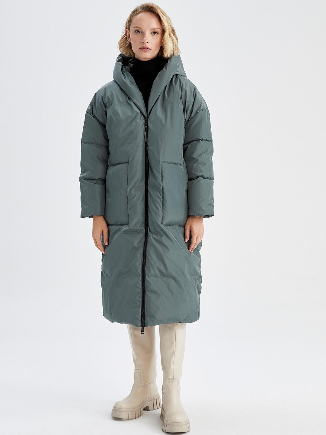

DeFacto Hooded Longline Puffer Jacket, Grey