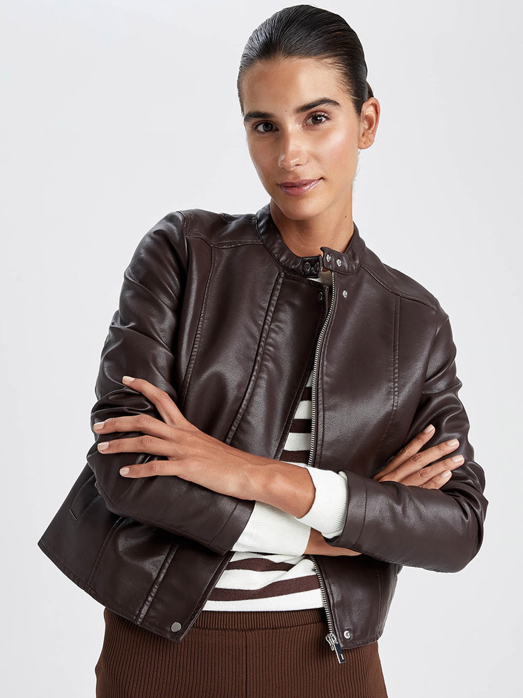 

DeFacto Band Collar Long Sleeves Crop Biker Jacket, Brown