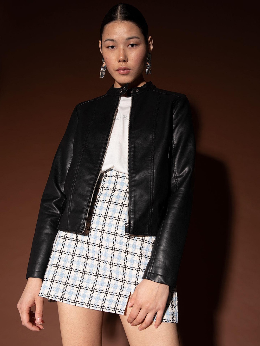 

DeFacto Band Collar Long Sleeves Biker Jacket, Black
