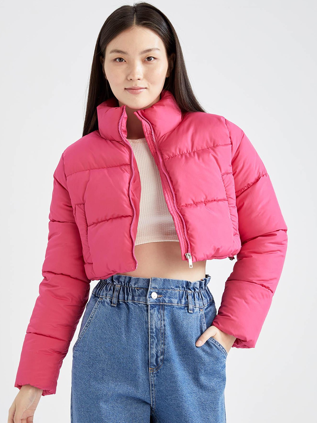 

DeFacto Mock Collar Cropped Puffer Jacket, Pink