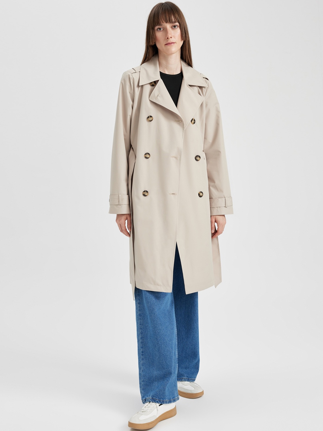 

DeFacto Notched Lapel Collar Shoulder Tabs Detail Longline Trench Coat, Beige