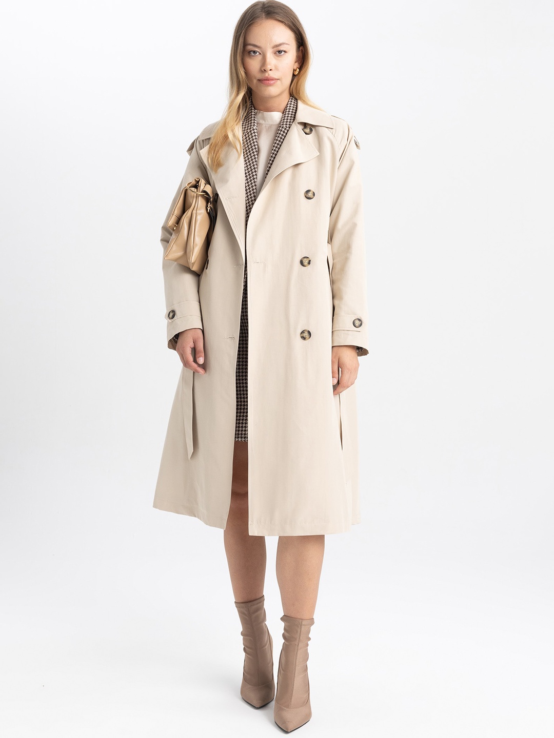 DeFacto Notched Lapel Regular Fit Front-Open Cotton Trench Coat, Beige