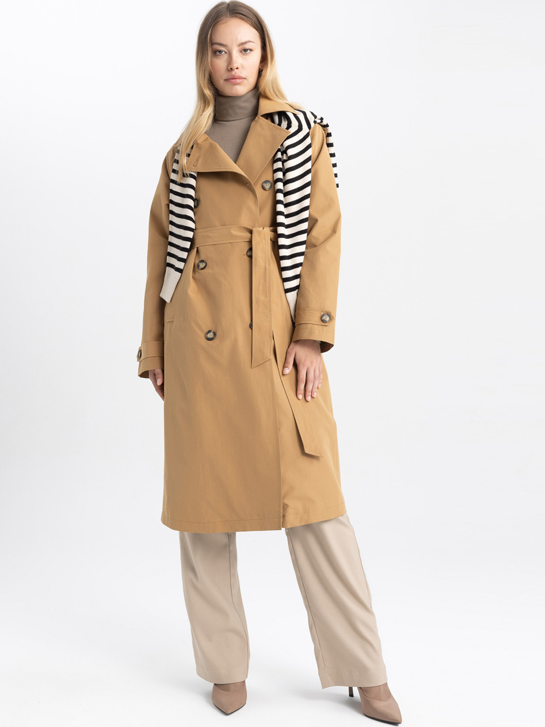 

DeFacto Cotton Longline Trench Coat, Beige