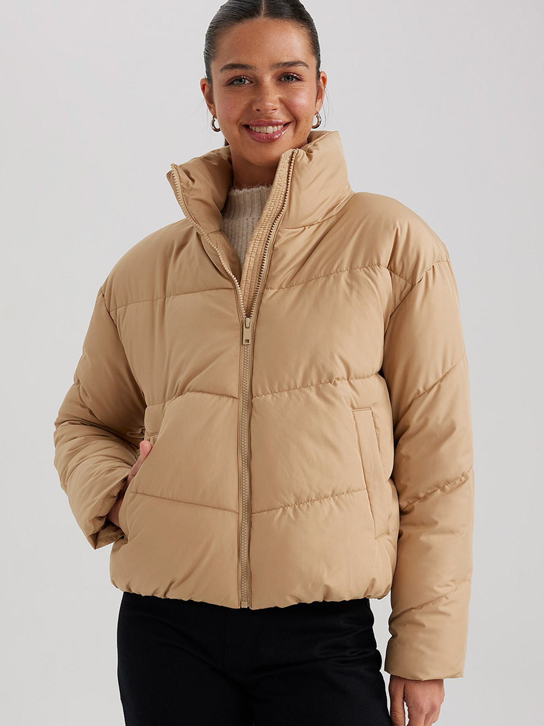 

DeFacto Stand Collar Puffer Jacket, Beige