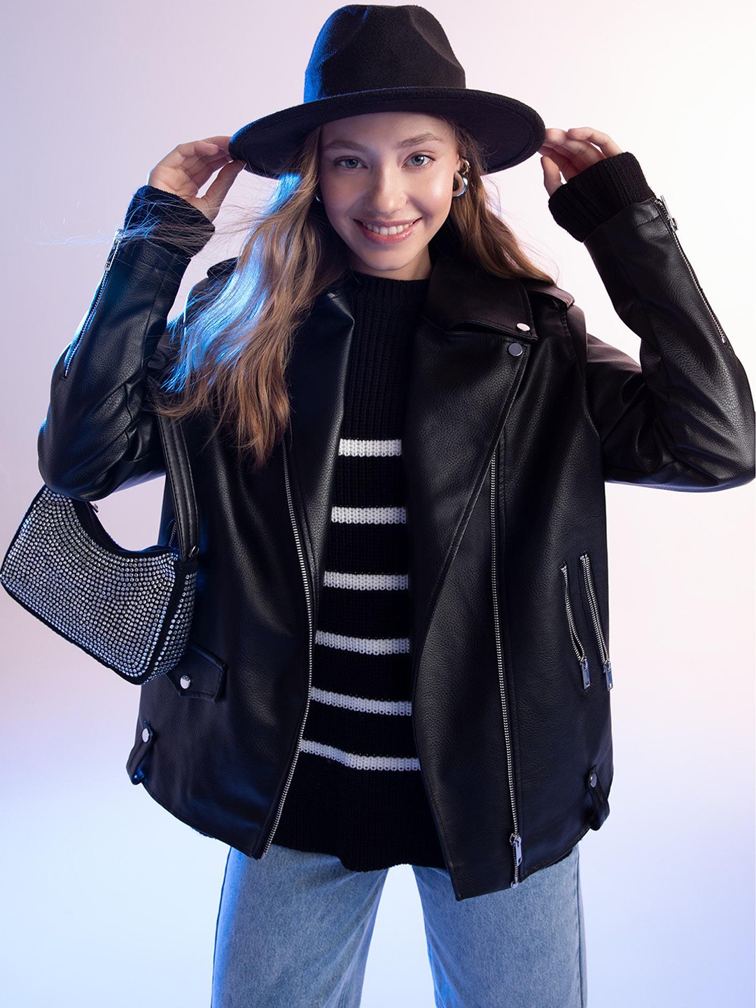 

DeFacto Spread Collar Leather Jacket, Black