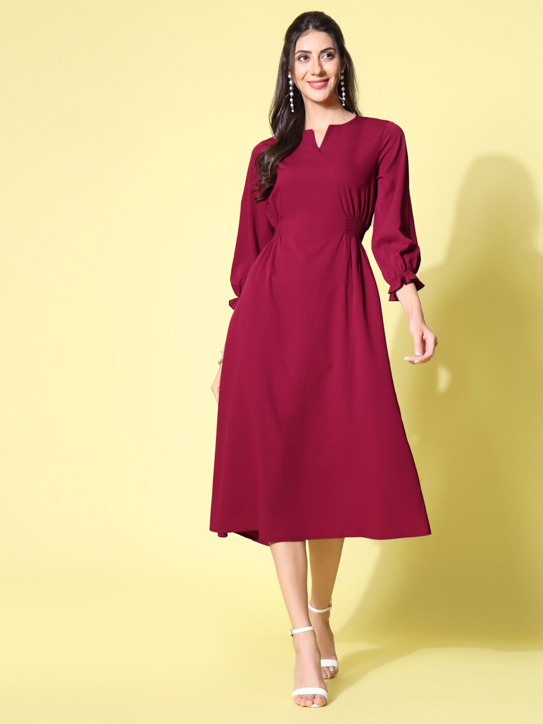 

KASSUALLY V Neck Puff Sleeve Smocked A Line Dress, Maroon