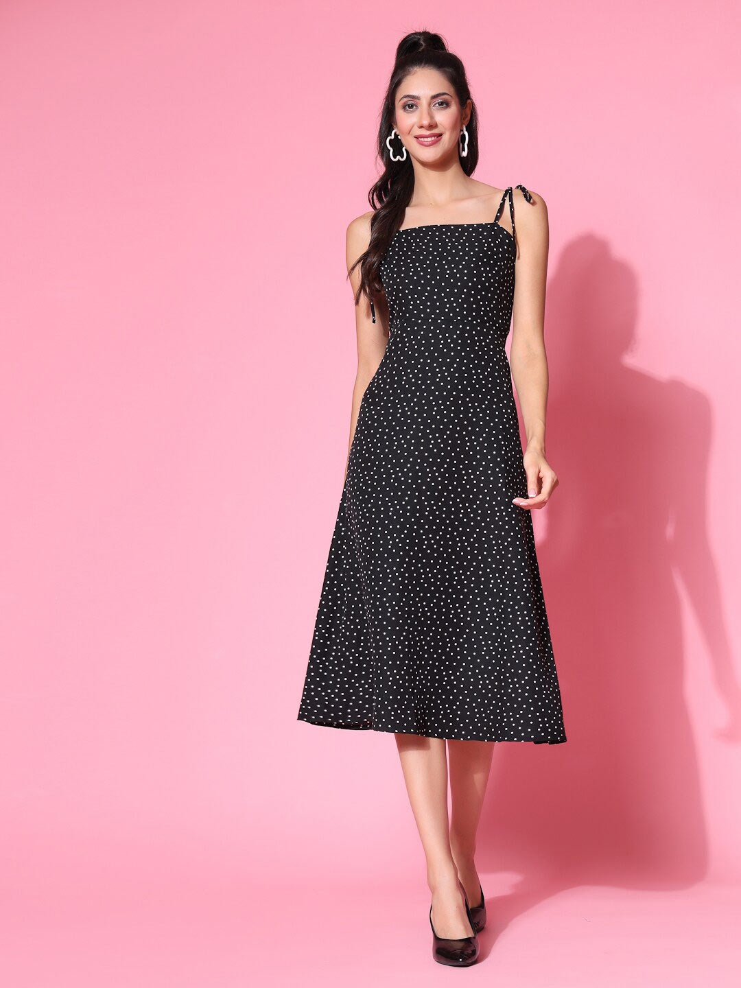 

KASSUALLY Polka Dots Printed Tie Ups A Line Dress, Black