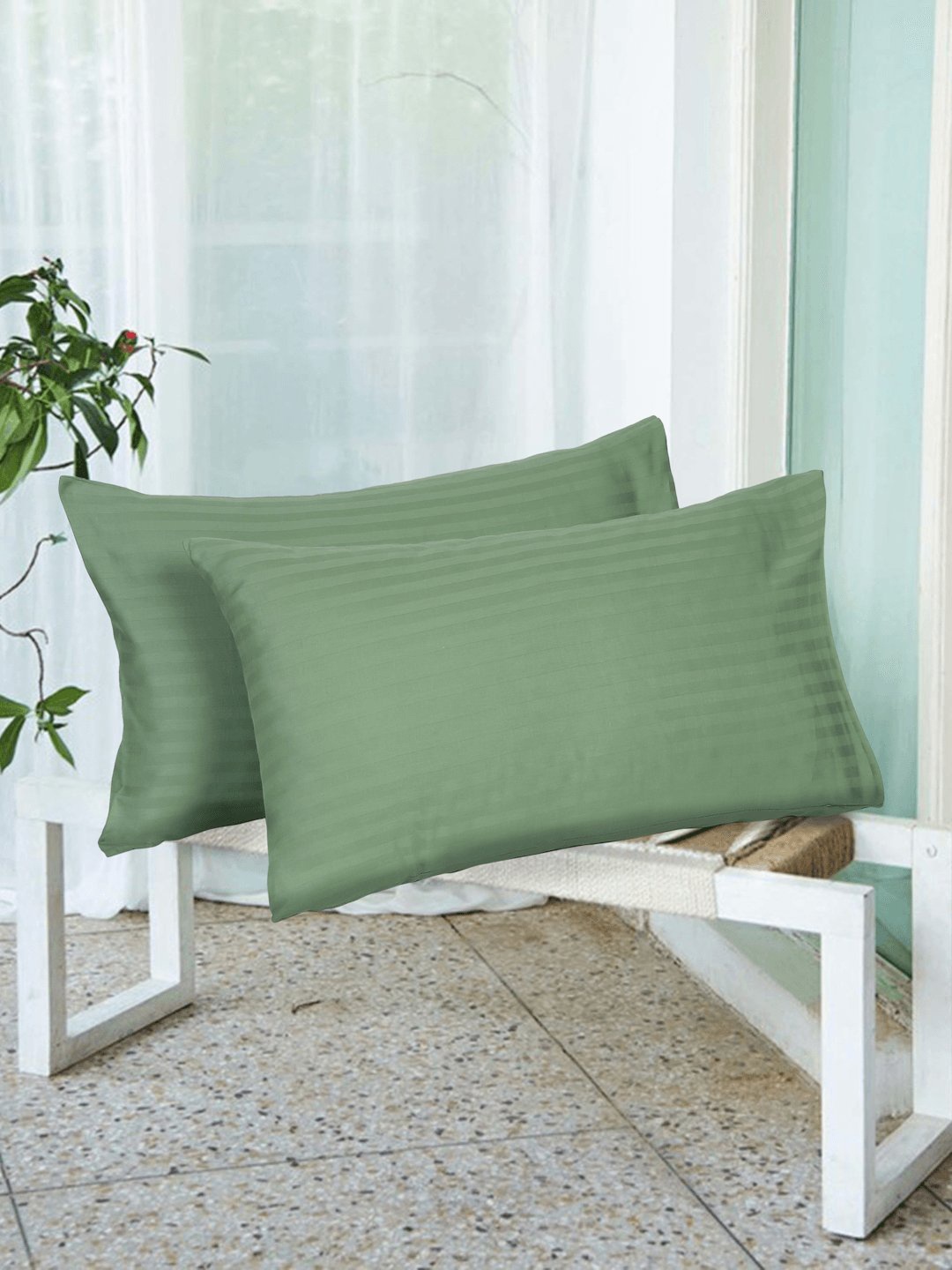 

Naksh Green 2 Pieces Striped Cotton 210 TC Pillow Covers