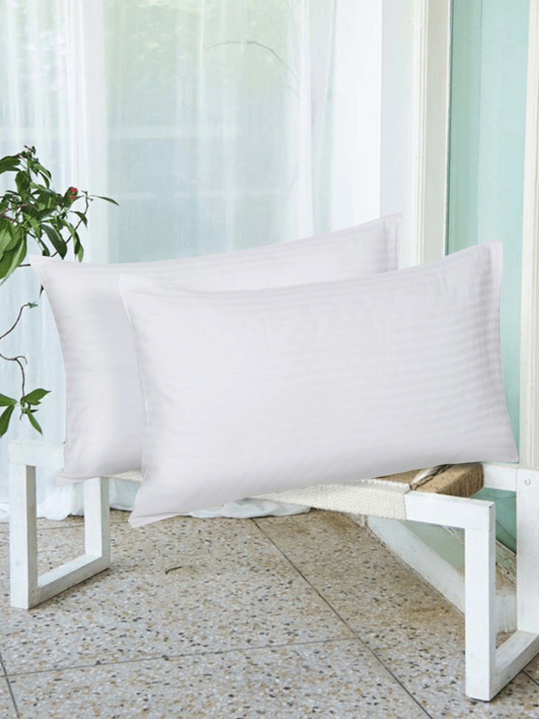 

Naksh White 2 Pieces Striped Cotton 210 TC Pillow Covers