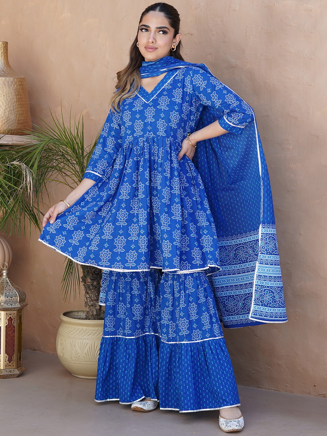 

Libas Ethnic Motifs Printed Gotta Patti Pure Cotton A-Line Kurti With Sharara & Dupatta, Blue