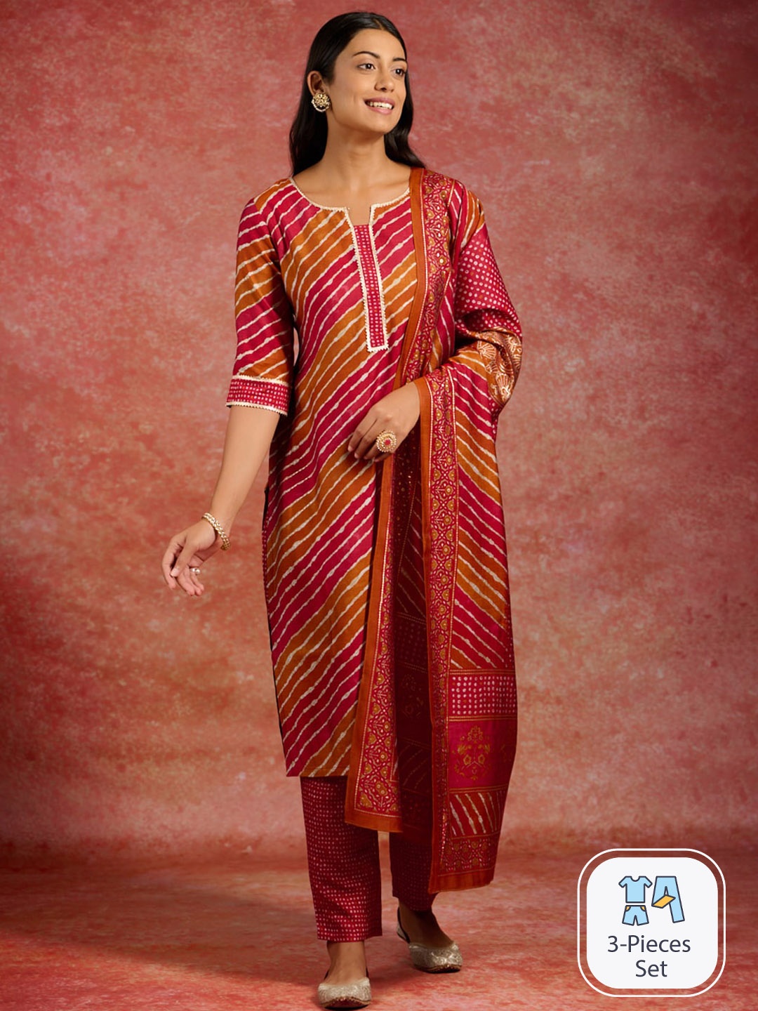 

Libas Striped Gotta Patti Straight Kurta With Trousers & Dupatta, Red