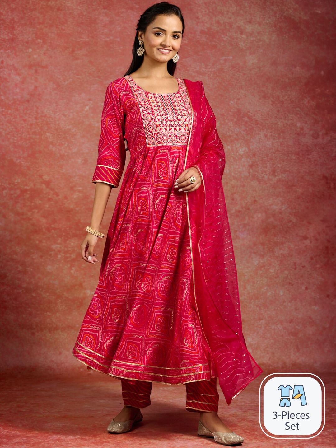 

Libas Bandhani Yoke Design Pleated Mirror Work Kurta With Trousers & Dupatta, Pink