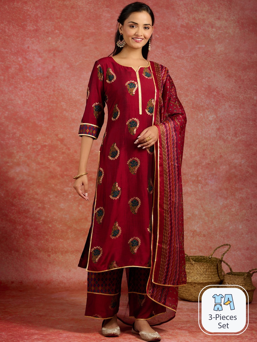 

Libas Paisley Printed Gotta Patti Straight Kurta With Palazzos & Dupatta, Red