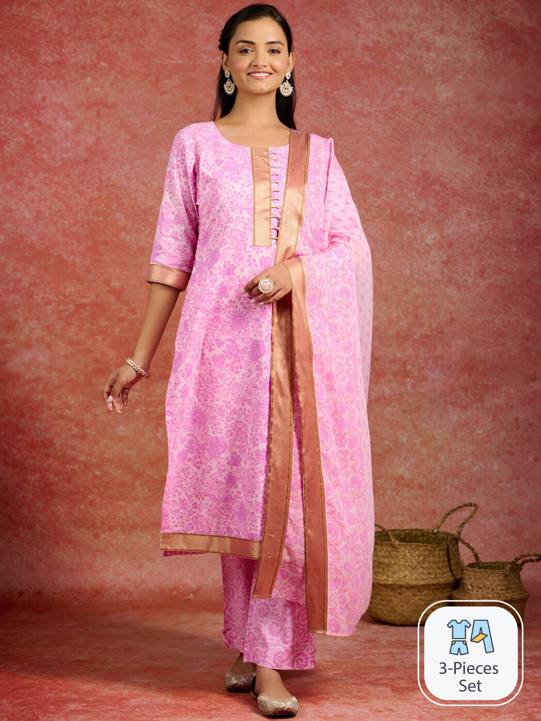 

Libas Floral Printed Zari Pure Cotton Straight Kurta & Trousers With Dupatta, Pink