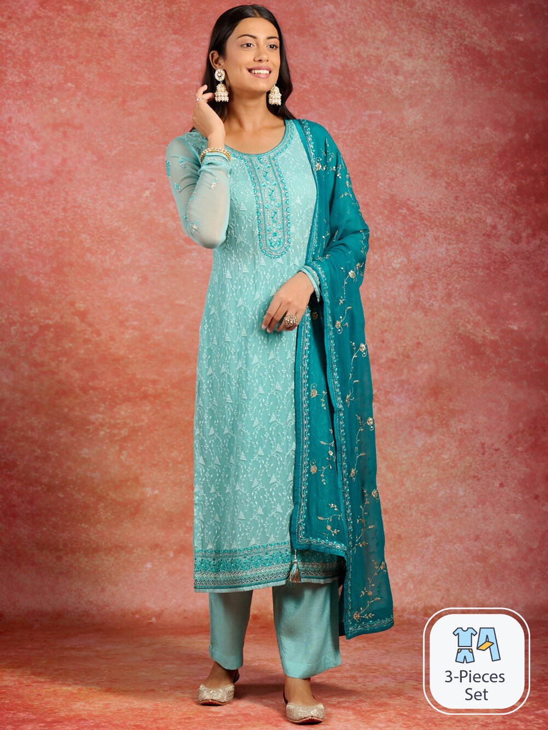 

Libas Floral Embroidered Thread Work Straight Kurta & Trousers With Dupatta, Sea green