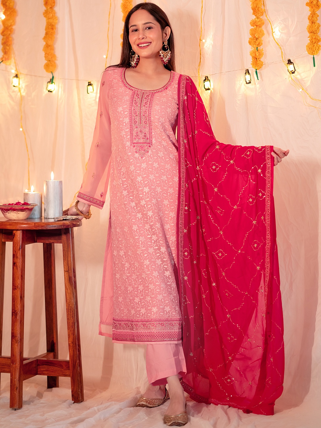 

Libas Floral Embroidered Round Neck Sequined Straight Kurta & Trousers With Dupatta, Pink
