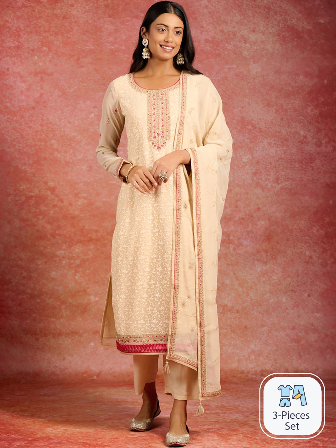 

Libas Floral Sequinned Embroidered Regular Kurta With Trousers & Dupatta, Beige