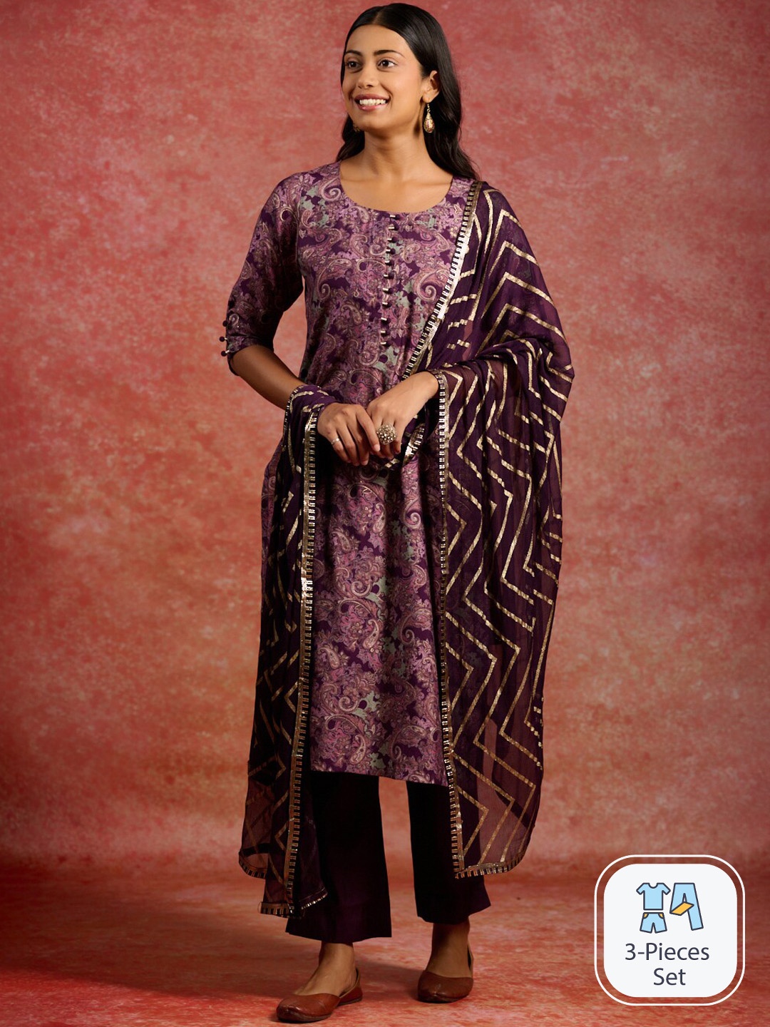 

Libas Ethnic Motifs Printed Straight Kurta With Trousers & Dupatta, Burgundy