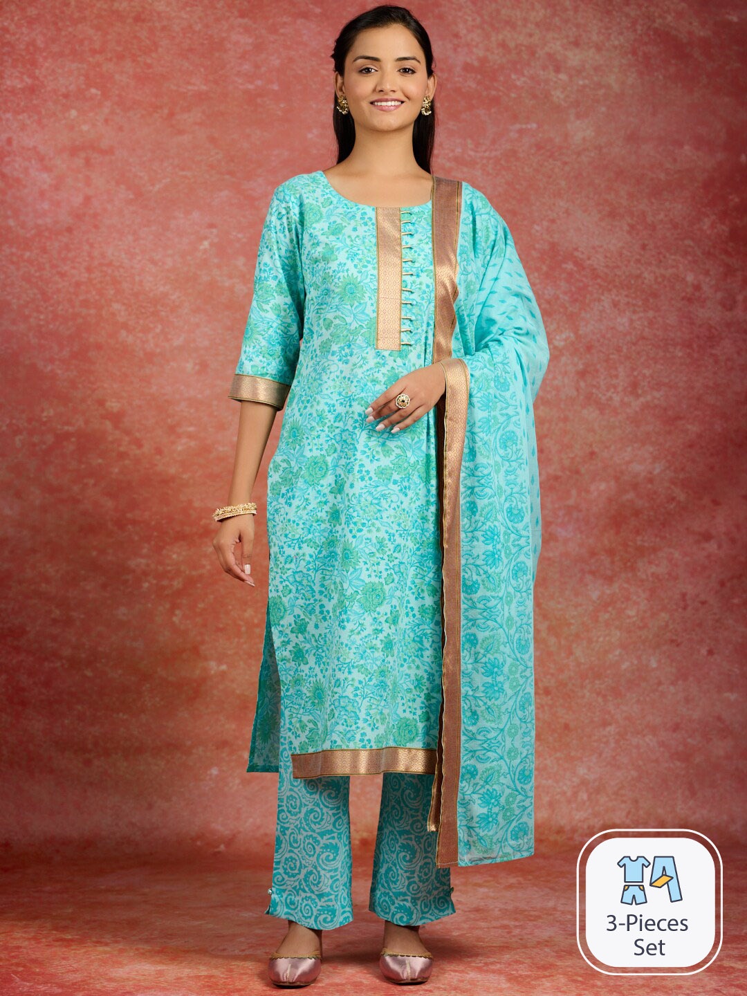

Libas Floral Printed Round Neck Pure Cotton Straight Kurta With Trousers & Dupatta, Blue